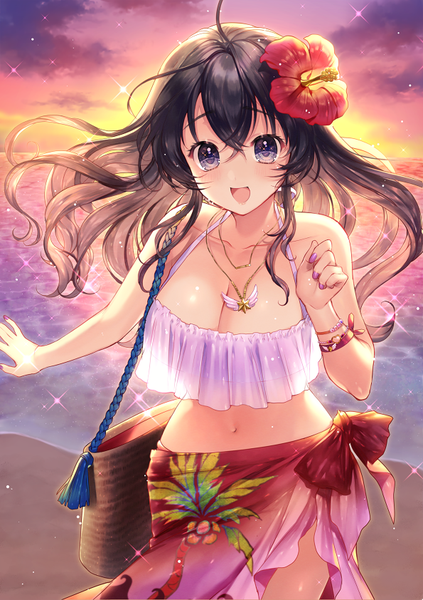 Anime picture 595x842 with original kanojo (ogino atsuki) momoshiki tsubaki single long hair tall image looking at viewer blush fringe breasts open mouth light erotic black hair smile hair between eyes large breasts purple eyes payot sky cleavage