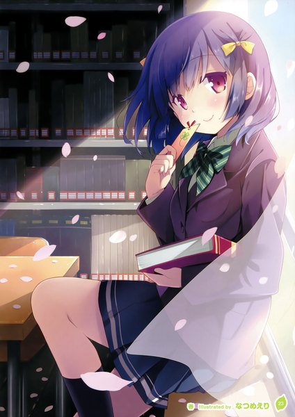 Anime picture 2543x3600 with girls, girls, girls! 10 (artbook) natsume eri single tall image looking at viewer blush highres short hair smile red eyes blue hair scan official art girl skirt uniform school uniform petals socks book (books)