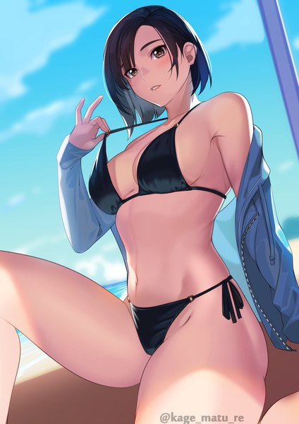 Anime picture 1736x2456 with original kagematsuri single tall image looking at viewer blush fringe highres short hair breasts light erotic large breasts sitting signed sky cloud (clouds) outdoors long sleeves parted lips arm up