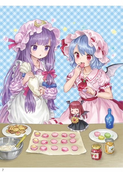 Anime picture 1756x2451 with touhou remilia scarlet patchouli knowledge koakuma ama-tou long hair tall image highres short hair open mouth smile red eyes purple eyes multiple girls blue hair purple hair red hair eyes closed long sleeves short sleeves