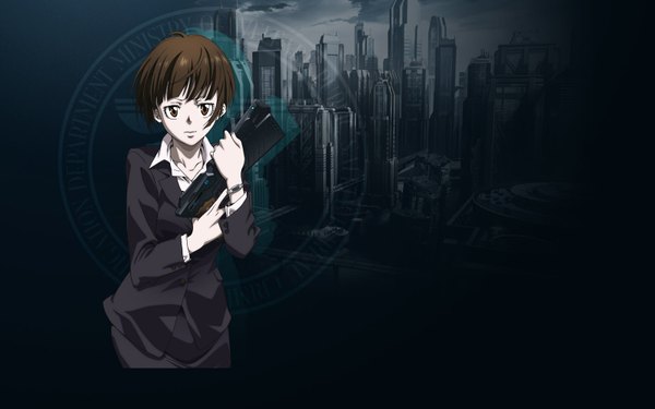 Anime picture 1600x1000 with psycho-pass production i.g tsunemori akane single looking at viewer fringe short hair brown hair wide image brown eyes cityscape girl weapon bracelet gun suit