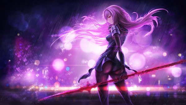 Anime picture 1920x1080 with fate (series) fate/grand order scathach (fate) (all) scathach (fate) skyde kei single long hair looking at viewer fringe highres light erotic red eyes wide image standing holding purple hair parted lips profile looking back from behind