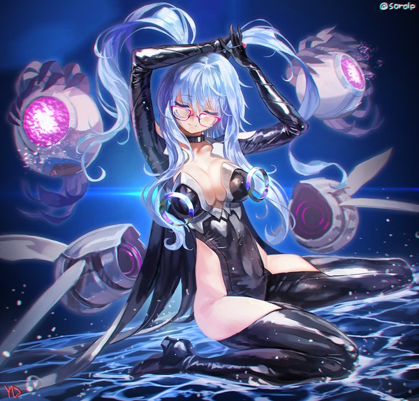 Anime picture 1252x1200 with original yd (orange maru) single long hair fringe breasts light erotic smile large breasts sitting twintails signed blue hair bent knee (knees) eyes closed light smile arms up girl gloves black gloves