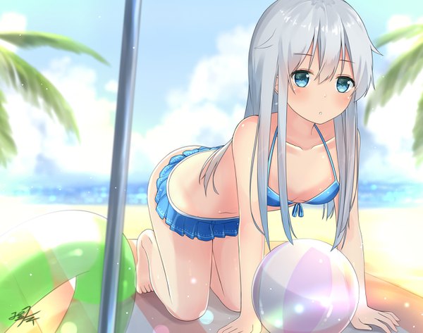 Anime picture 1275x1006 with kantai collection hibiki destroyer miko fly single long hair blush fringe blue eyes light erotic hair between eyes signed looking away sky silver hair cloud (clouds) beach on all fours girl swimsuit bikini