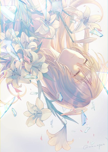 Anime picture 1415x2000 with original aaanpan single long hair tall image fringe blonde hair hair between eyes signed eyes closed sparkle twitter username girl flower (flowers) lily (flower) debris