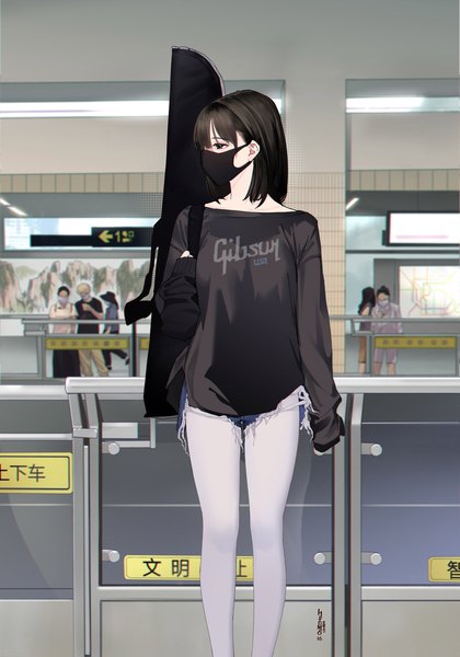 Anime picture 2099x3000 with original hitomi o tall image fringe highres short hair black hair standing looking away indoors long sleeves profile black eyes depth of field torn clothes hieroglyph dated sleeves past wrists solo focus clothes writing