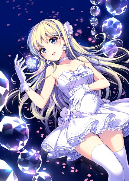 Anime picture 855x1200 with original nardack single long hair tall image blush fringe open mouth blue eyes blonde hair bare shoulders looking away hair flower girl thighhighs dress gloves flower (flowers) earrings petals