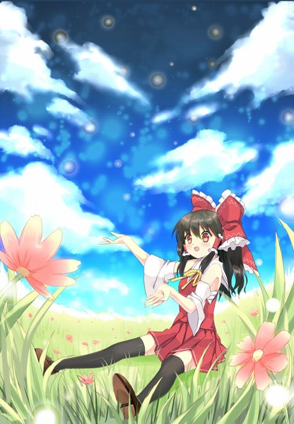 Anime picture 1250x1800 with touhou hakurei reimu shinta hoshi-to single long hair tall image blush open mouth black hair red eyes sitting bare shoulders sky cloud (clouds) girl thighhighs flower (flowers) bow black thighhighs plant (plants)