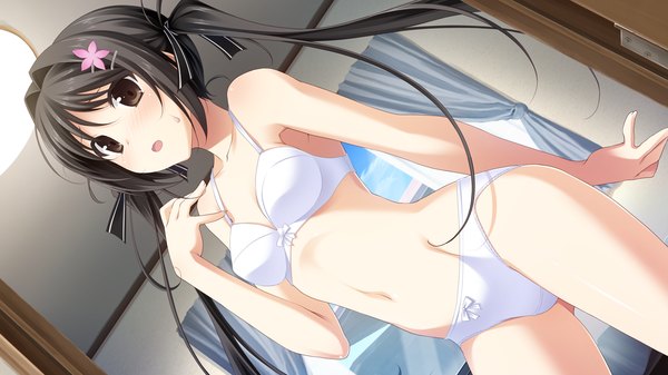 Anime picture 1280x720 with kiss bell giga miyamae eri long hair blush open mouth light erotic black hair wide image twintails brown eyes game cg underwear only girl navel hair ornament underwear panties ribbon (ribbons) hair ribbon