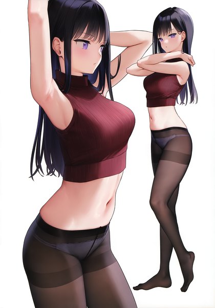 Anime picture 2520x3600 with original tights-chan (mignon) mignon long hair tall image blush fringe highres breasts light erotic black hair simple background standing white background purple eyes full body blunt bangs scan arms up bare belly