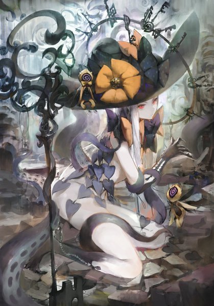 Anime picture 716x1024 with fate (series) fate/grand order abigail williams (fate) hxxg single long hair tall image light erotic red eyes sitting full body white hair pale skin girl bow hat witch hat tentacles key