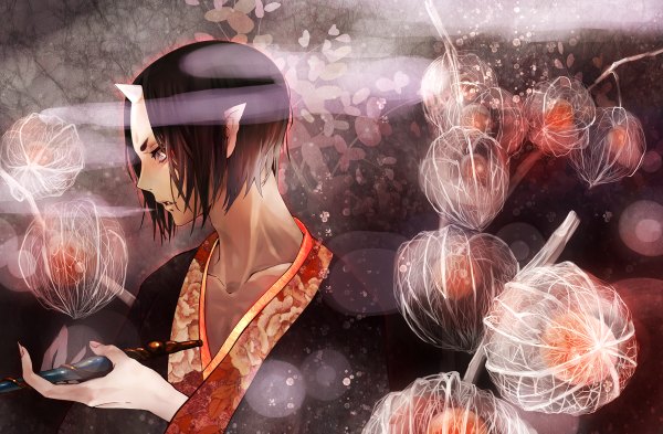 Anime picture 1200x786 with hoozuki no reitetsu wit studio hoozuki (hoozuki no reitetsu) kibi (pixiv298748) single short hair open mouth black hair brown eyes traditional clothes japanese clothes profile horn (horns) pointy ears smoke smoking boy plant (plants) kimono pipe