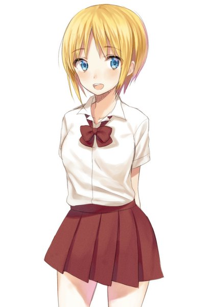 Anime picture 591x875 with original midorikawa you single tall image blush short hair open mouth blue eyes simple background blonde hair white background looking away hands behind back girl uniform school uniform