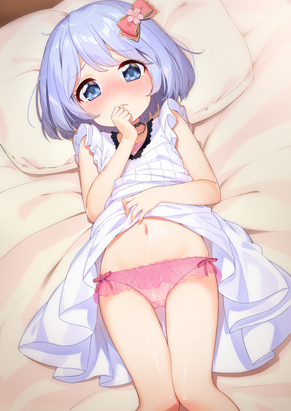 Anime picture 1254x1771 with original tofu1601 single tall image looking at viewer blush fringe short hair blue eyes light erotic silver hair lying on back sleeveless hand to mouth knees touching girl dress navel underwear