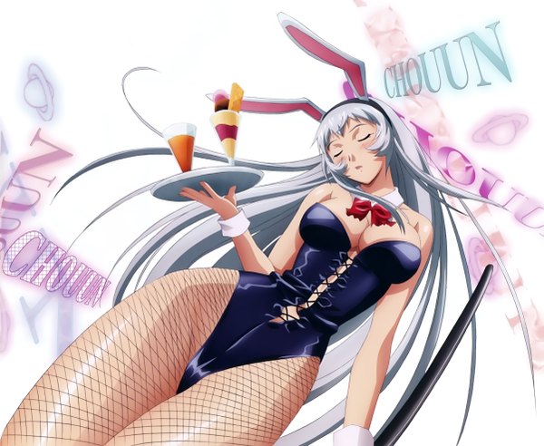 Anime picture 4805x3943 with ikkitousen chouun shiryuu rin sin single long hair blush highres breasts light erotic animal ears absurdres cleavage silver hair eyes closed scan official art bunny ears girl weapon sword