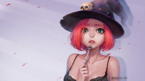 Anime picture 1920x1080 with original rhodes garden single looking at viewer highres short hair light erotic wide image holding green eyes upper body red hair parted lips lips grey background dated witch girl hat witch hat