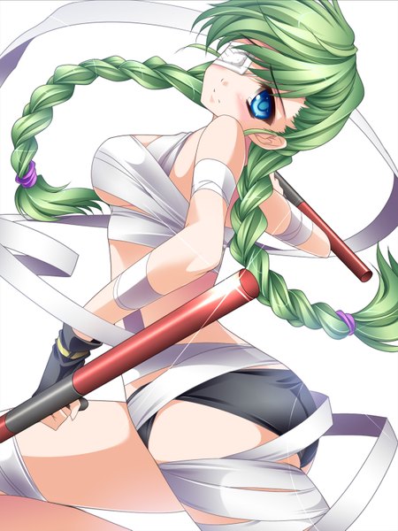 Anime picture 1200x1601 with original moneti (daifuku) single long hair tall image blush blue eyes light erotic simple background white background braid (braids) green hair girl weapon bandage (bandages) eyepatch