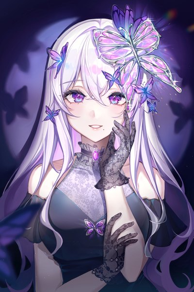 Anime picture 4000x6000 with original yulha 06 single long hair tall image looking at viewer fringe highres smile hair between eyes purple eyes bare shoulders absurdres silver hair upper body parted lips mole sparkle mole under mouth holding arm