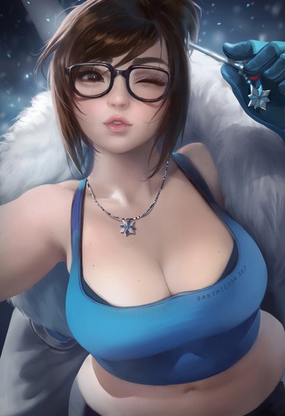 Anime picture 1095x1600 with overwatch blizzard entertainment mei (overwatch) sakimichan single tall image looking at viewer fringe short hair breasts light erotic brown hair large breasts brown eyes signed payot cleavage upper body parted lips one eye closed