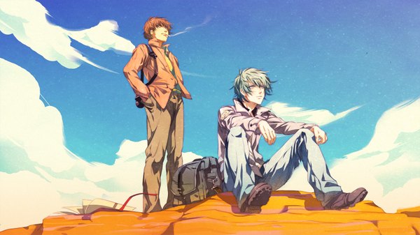 Anime picture 1690x950 with togainu no chi nitro+chiral akira (tnc) motomi (tnc) short hair wide image standing sitting sky cloud (clouds) red hair grey hair multiple boys smoking canyon boy book (books) 2 boys bag cigarette