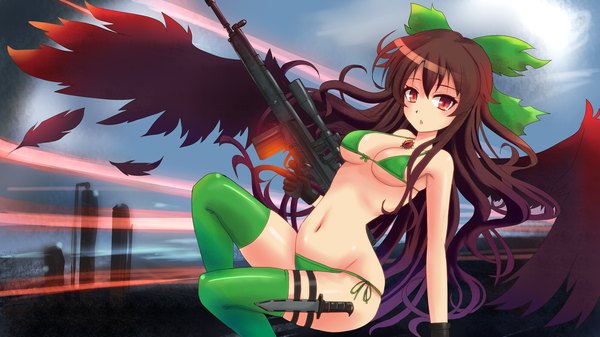 Anime picture 1920x1080 with touhou reiuji utsuho sumapan single long hair highres light erotic black hair red eyes wide image girl thighhighs navel bow weapon swimsuit hair bow bikini wings gun