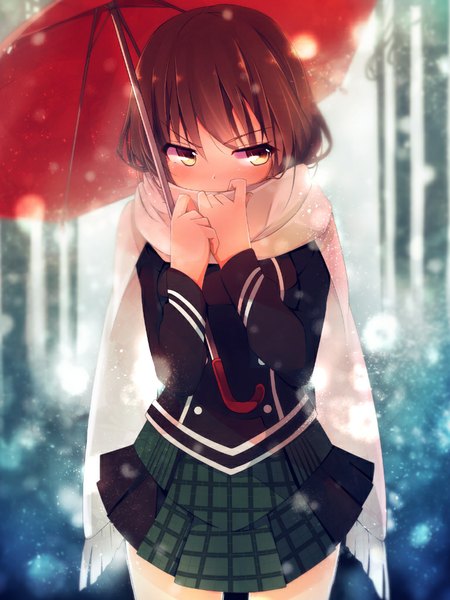Anime picture 768x1024 with original dennryuurai single tall image blush short hair brown hair brown eyes looking away snowing winter covered mouth girl skirt uniform school uniform scarf umbrella