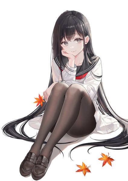 Anime picture 1447x2047 with original okuma mai single long hair tall image looking at viewer blush fringe black hair simple background smile white background sitting holding full body bent knee (knees) long sleeves grey eyes head rest convenient leg