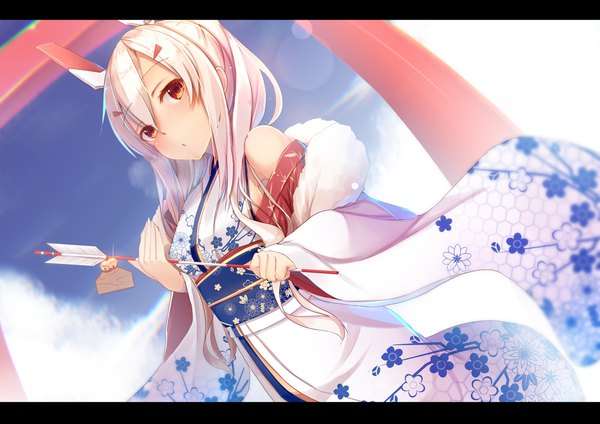 Anime-Bild 2121x1500 mit azur lane ayanami (azur lane) if (asita) single long hair blush fringe highres hair between eyes red eyes bare shoulders holding sky outdoors white hair ponytail long sleeves traditional clothes japanese clothes blurry