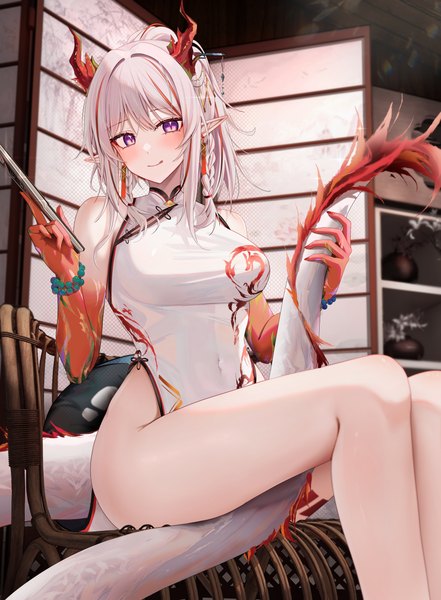 Anime picture 4635x6299 with arknights nian (arknights) nian (unfettered freedom) (arknights) ru zhai single tall image looking at viewer blush fringe highres light erotic hair between eyes sitting purple eyes bare shoulders holding absurdres bent knee (knees) indoors tail