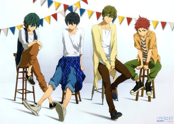 Anime picture 5000x3572 with free! high speed! kyoto animation nanase haruka (free!) tachibana makoto kirishima ikuya shiina asahi hane kunihiro fringe highres short hair blue eyes black hair smile hair between eyes red eyes brown hair sitting purple eyes green eyes