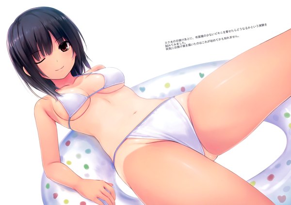 Anime picture 4253x3000 with original aoyama sumika coffee-kizoku single highres short hair breasts light erotic black hair simple background red eyes white background absurdres one eye closed wink tan tan lines girl navel swimsuit