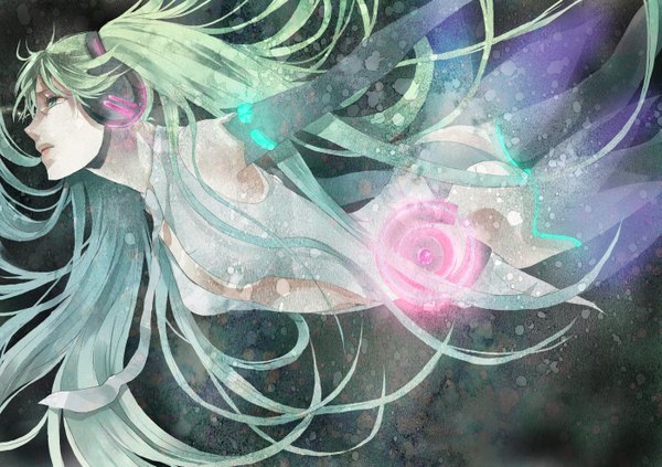 Anime picture 1400x987 with vocaloid vocaloid append hatsune miku hatsune miku (append) long hair light erotic twintails profile aqua eyes aqua hair grey background tears girl underwear panties detached sleeves