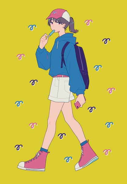 Anime picture 2869x4134 with original converse shi oo single tall image looking at viewer highres short hair black hair red eyes full body ponytail eating walking yellow background casual girl food shoes shorts
