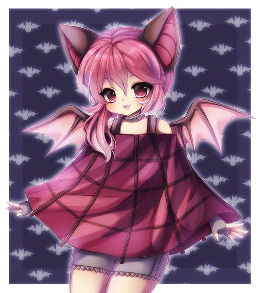 Anime picture 1492x1686 with midna01 single long hair tall image looking at viewer blush fringe smile animal ears pink hair pink eyes teeth fang (fangs) bat wings girl wings clothes