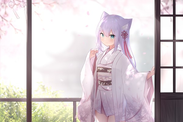 Anime picture 2250x1500 with original guo582 single long hair looking at viewer blush fringe highres smile hair between eyes standing green eyes animal ears payot purple hair long sleeves traditional clothes japanese clothes blurry wide sleeves