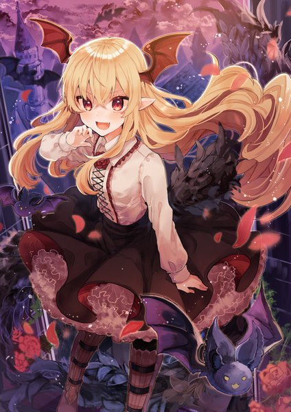 Anime picture 1000x1414 with granblue fantasy vampy ikeuchi tanuma single long hair tall image looking at viewer blush fringe open mouth blonde hair smile hair between eyes red eyes standing payot cloud (clouds) outdoors :d wind