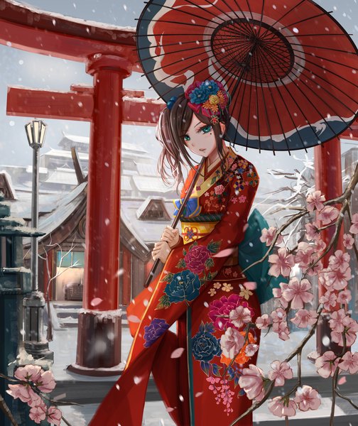 Anime picture 1680x2000 with original yuzuriha (artist) single long hair tall image looking at viewer fringe open mouth brown hair standing holding payot outdoors traditional clothes head tilt japanese clothes hair flower aqua eyes wind mole