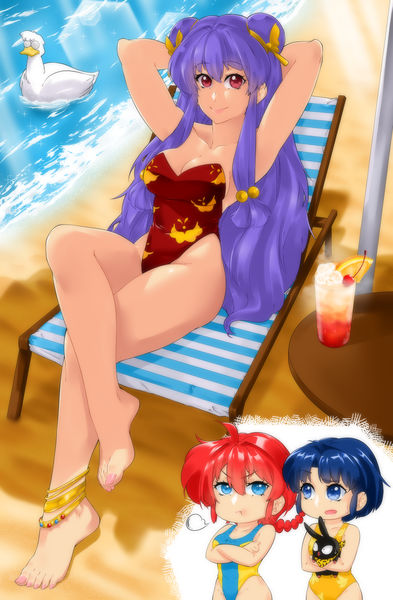 Anime picture 2100x3200 with ranma 1/2 saotome ranma saotome ranma (girl) shampoo (ranma 1/2) tendou akane p-chan mousse omiiverse long hair tall image looking at viewer fringe highres short hair open mouth blue eyes light erotic smile hair between eyes red eyes