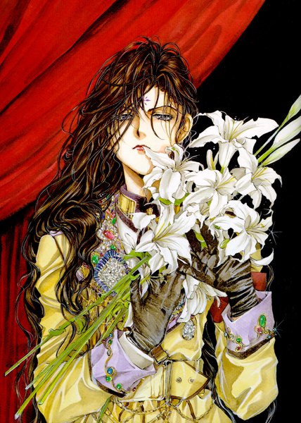 Anime picture 1214x1702 with angel sanctuary alexiel yuki kaori single long hair tall image looking at viewer brown hair upper body lips grey eyes girl gloves flower (flowers) black gloves curtains bouquet lily (flower)