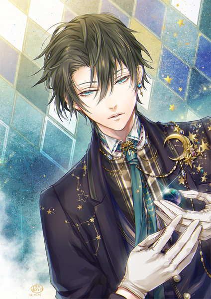 Anime picture 600x849 with original dr. single tall image fringe short hair black hair hair between eyes holding signed upper body parted lips aqua eyes sparkle looking down shiny star print boy gloves necktie