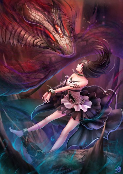 Anime picture 1000x1414 with original jurrig long hair tall image black hair red eyes bare shoulders signed horn (horns) fantasy girl skirt collar dragon shackles