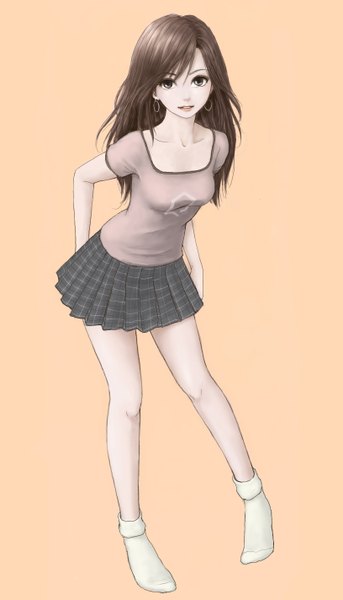 Anime picture 816x1424 with original erurodo (artist) single long hair tall image looking at viewer simple background smile brown hair pleated skirt grey eyes leaning no shoes leaning forward plaid skirt orange background girl skirt earrings socks