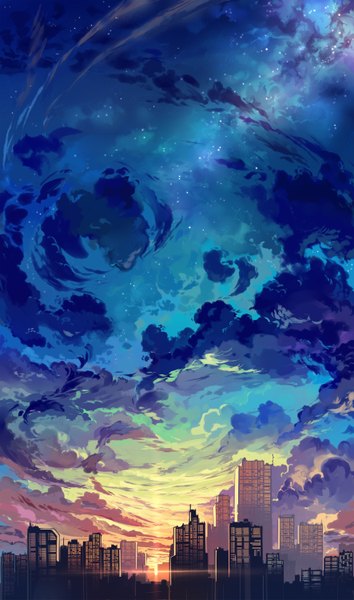 イラスト 1771x3000 と オリジナル 白丝少年 長身像 highres 空 cloud (clouds) city evening sunset no people landscape scenic 建物 星 超高層ビル