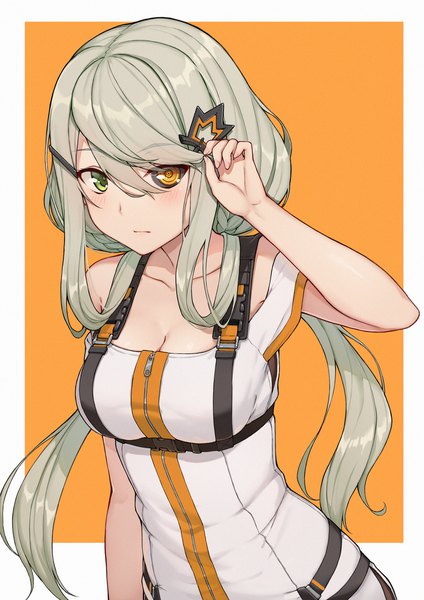Anime picture 2000x2829 with girls frontline tac-50 (girls frontline) terras single long hair tall image looking at viewer blush fringe highres breasts simple background hair between eyes standing twintails green eyes yellow eyes payot cleavage grey hair