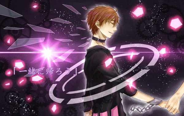 Anime picture 1366x867 with nico nico singer gurutamin single short hair smile brown hair eyes closed light smile holding hands light dark background boy star (stars) chain collar gears debris handcuffs