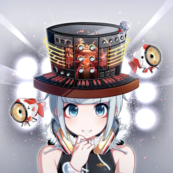 Anime picture 1500x1500 with vocaloid nou single looking at viewer fringe short hair blue eyes smile blunt bangs grey hair grey background fur trim grin portrait architecture east asian architecture cover album cover girl hat
