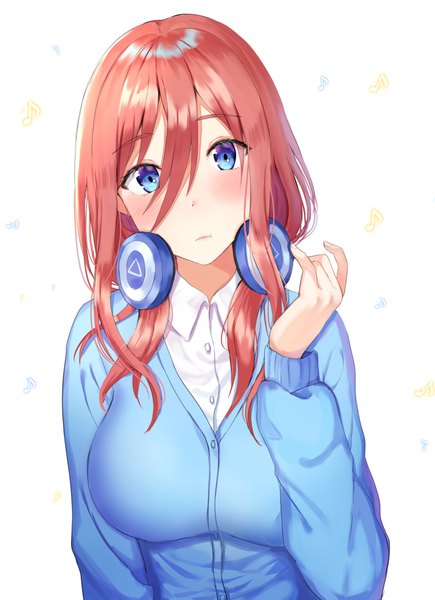 Anime picture 748x1030 with go-toubun no hanayome nakano miku kubong single long hair tall image looking at viewer blush fringe breasts blue eyes simple background hair between eyes large breasts white background cleavage upper body red hair long sleeves head tilt