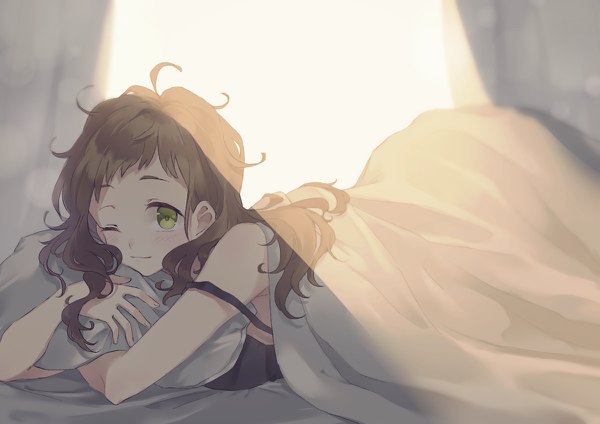 Anime picture 1200x848 with original kusaka kou single long hair looking at viewer blush fringe brown hair green eyes ahoge lying one eye closed light strap slip on stomach messy hair pillow hug under covers girl pillow