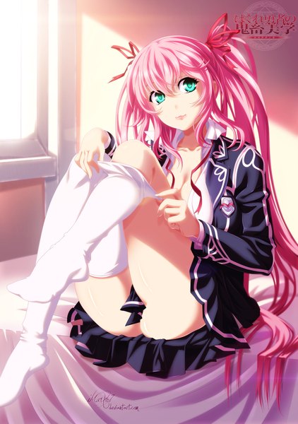Anime picture 1000x1420 with hagure yuusha no estetica arms corporation ousawa miu eroishi single long hair tall image light erotic twintails green eyes pink hair pleated skirt light smile sunlight inscription lipstick coloring hieroglyph undressing girl