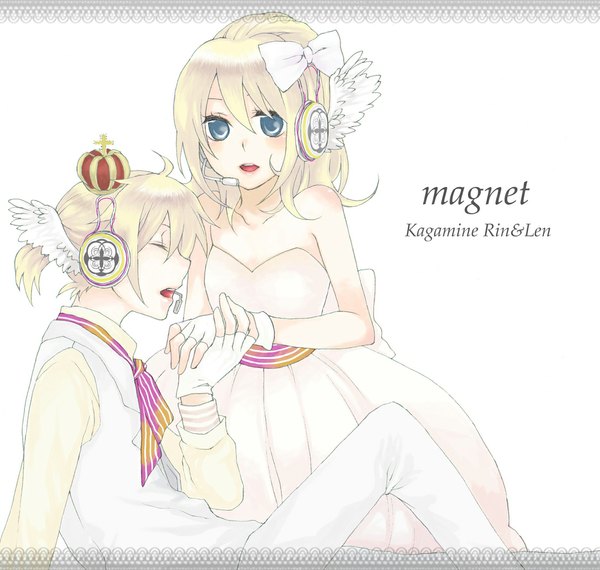 Anime picture 1113x1058 with vocaloid magnet (vocaloid) kagamine rin kagamine len kiri (lwp01 lav) open mouth blue eyes blonde hair sitting twintails bare shoulders eyes closed profile holding hands singing girl dress boy gloves hair ornament
